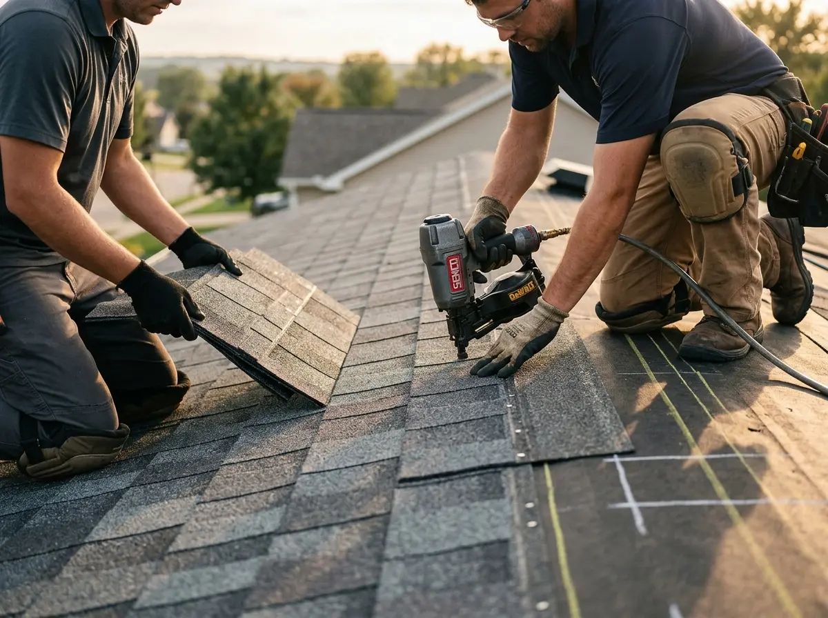 Professional roofer working on a residential roof in Sudley